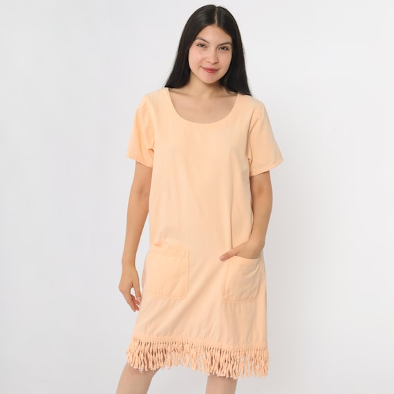 Vintage Peach Fringe Dress 90s Mini Shift Pocket Dress Short Sleeve Simple Plain Minimalist Normcore 1990s Basic Casual Scoop Neck Small S