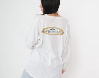 Vintage Quiksilver T Shirt Boardriding Surfer Shirt 90s Long Sleeve Distressed Retro Tshirt Surf Graphic Print White 1990s Extra Large xl