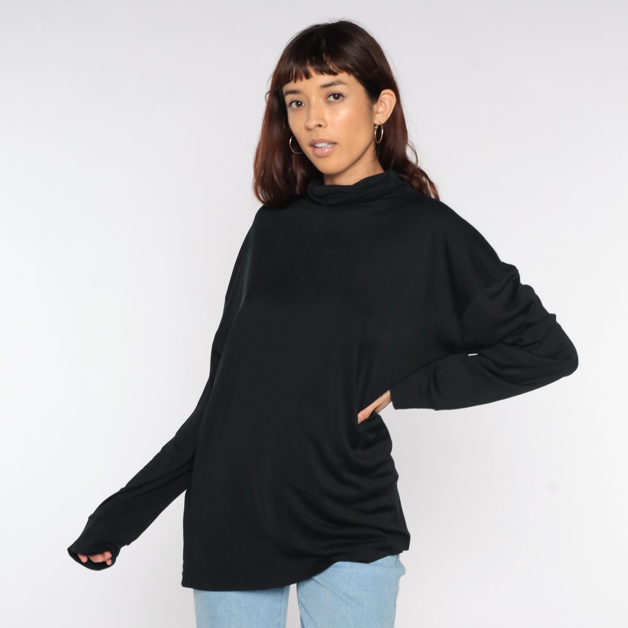 Black Silk Turtleneck 90s Shirt Long Sleeve Blouse Oversized Tee Silky 1990s Basic Plain Vintage 