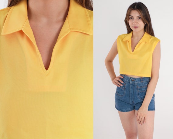 Yellow Crop Top Retro Shirt V Neck Collared Top 7… - image 1