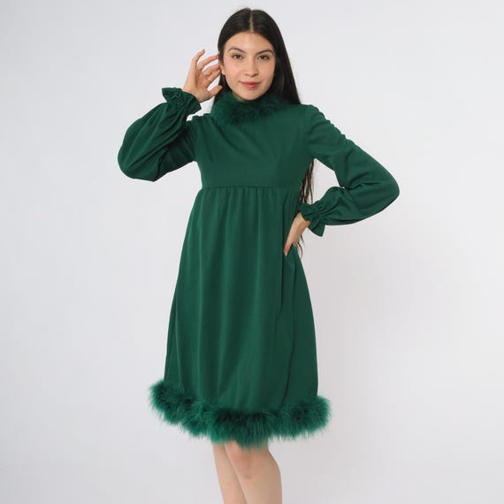 Feather Trim Mini 70s Dress Green Marabou High Neck Long Sleeve Empire Waist Vintage Holiday Cocktail Party Mod Style Extra Small XS 1970s