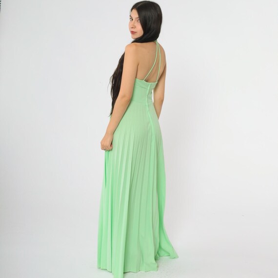 Lime Green Maxi Dress 70s Halter Neck Pleated V Neck Summer Festival Disco Prom Formal Evening Gown Goddess Studio 54 Vintage Mint Small S