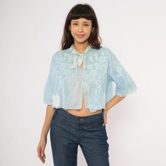 70s Embroidered Bed Jacket Sheer Baby Blue Floral Lace Peter Pan Collar Bell Sleeve Lingerie Crop Sky Coquette Fairy Chiffon Vintage Small S