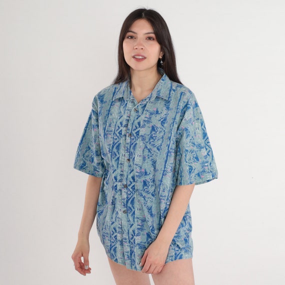 Abstract Shirt y2k Button Up Shirt Retro Statement Striped Zig Zag Print Short Sleeve Collar Blue Green Pink Vintage 00s Cotton Mens Medium