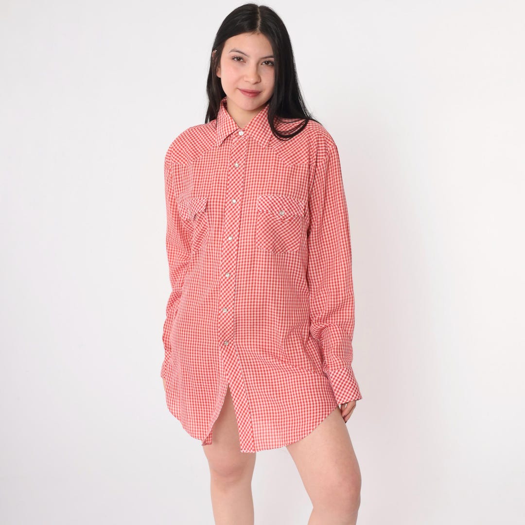70s red calico western button up shirt