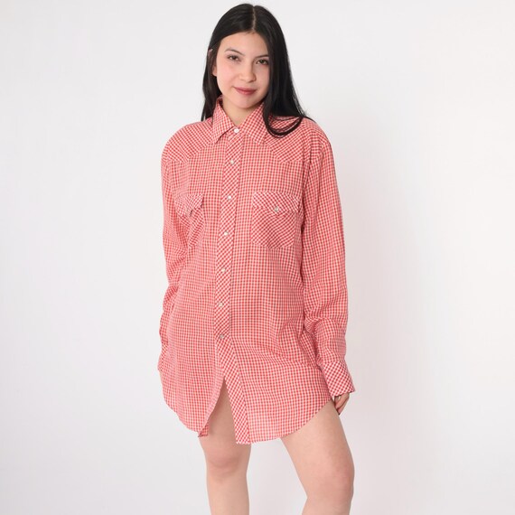 Vintage Gingham Western Shirt 70s Red White Pearl Snap Plaid Top Checkered Long Sleeve Button Up 1970s Hipster Sheplers Large L