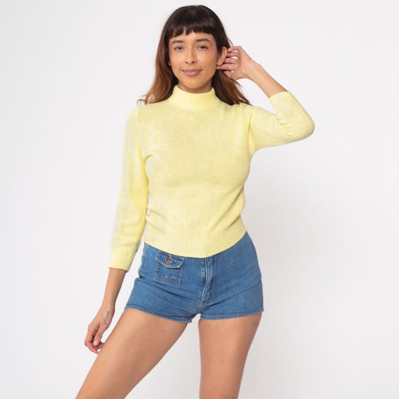Yellow Sweater 70s Knit Sweater Lightweight Mock Neck Sweater Raglan Sleeve Pullover Jumper Plain 1970s Vintage Extra Small XS