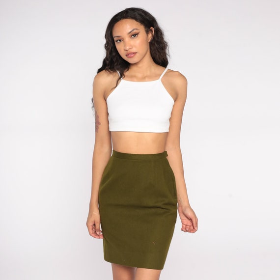 Olive Pencil Skirt 60s Knit Skirt High Waisted Preppy Wiggle Vintage High Waist Retro Secretary Classic Basic Neutral 1960s Extra Small XS
