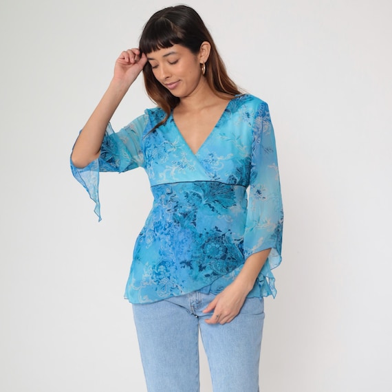 Paisley Print Wrap Top Y2K Blue Floral Pattern V Neck Tie Waist Sheer Vintage Boho Ethereal Dreamy Fairycore Angel Goddess Whimsical Large L