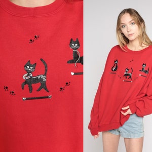 Black Cat Sweatshirt 90s Red Rhinestone Beaded Animal Sweater Sparkly Heart Studs Paw Print Pullover Novelty Print Vintage 1990s 2xl xxl image 1