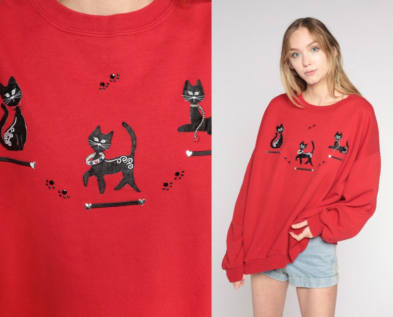 Black Cat Sweatshirt 90s Red Rhinestone Beaded Animal Sweater Sparkly Heart Studs Paw Print Pullover Novelty Print Vintage 1990s 2xl xxl image 1
