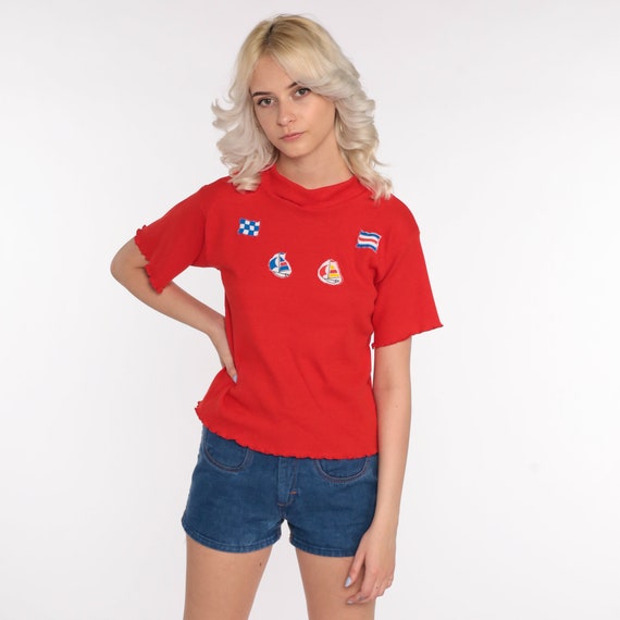 Sailboat Shirt Graphic Tee 80s Red Tshirt Vintage Blouse Lettuce Edge Hem Top Boat Nautical Retro T Shirt 1980s Sailor Small Medium
