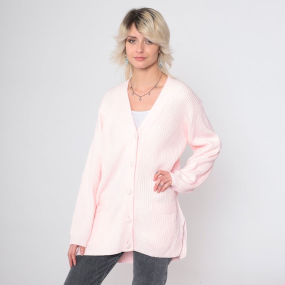 Baby Pink Cardigan Sweater -- 80s Ribbed Cardigan Button Up Pastel Plain V Neck Longline Vintage 1980s Retro Nerd Bohemian Oversized Medium