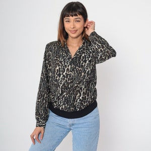 80s Leopard Print Shirt 90s Animal Print Blouse Long Sleeve Button Up Top Cheetah Collared Vintage Slouchy Banded Hem Shirt Collar Large 12