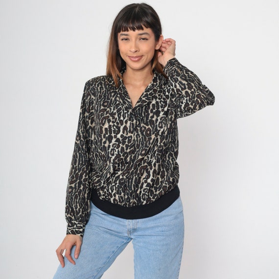 80s Leopard Print Shirt 90s Animal Print Blouse Long Sleeve Button Up Top Cheetah Collared Vintage Slouchy Banded Hem Shirt Collar Large 12