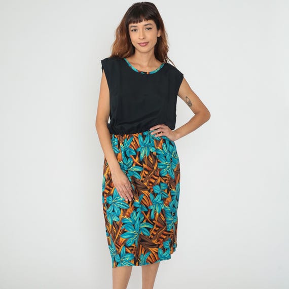90s Tropical Floral Dress Colorblock Black Turquoise Orange Brown Print Sleeveless Round Neck Vintage Summer Resort Hawaiian Cruise Large L
