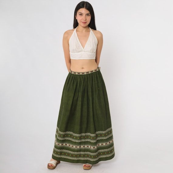 Floral Prairie Skirt Vintage 60s Olive Green Bohemian Floral Trim High Waist Maxi Length Hippie Peasant Folk 1960s Romantic Western Medium M