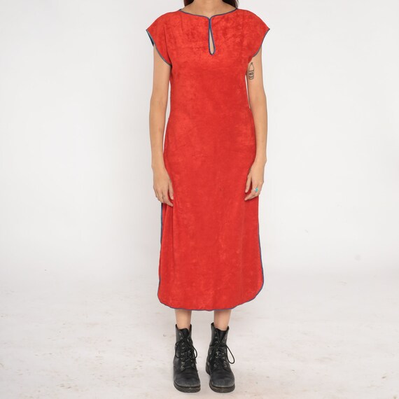 Red Terry Cloth Dress 70s High Side Slit Long Dress M… Gem
