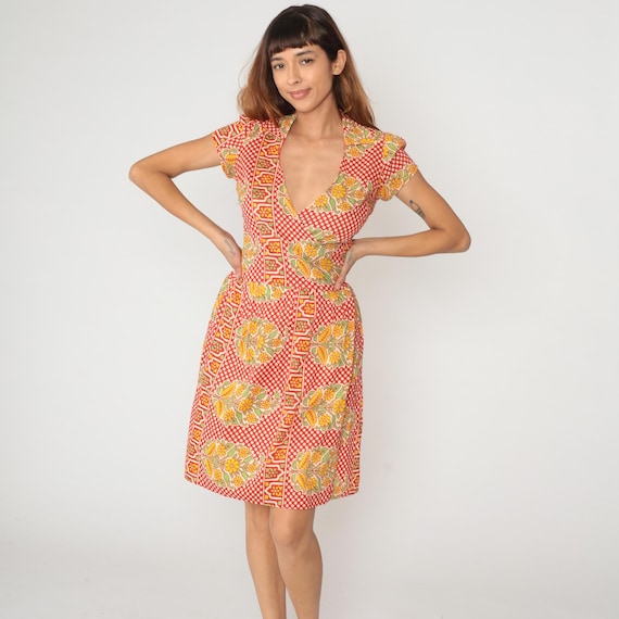 90s Wrap Summer Dress Red White Polka Dot Floral Print V Neck Cotton Yellow Green Knee Length Vintage Sundress Scarf Print Medium M