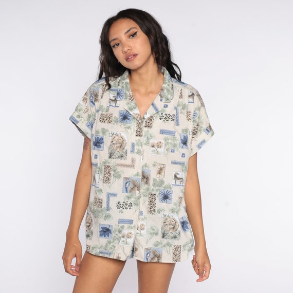 Safari Lion Shirt Jungle Animal Leopard Print Shirt 80s Green Tropical Top 90s Button Up Retro Short Sleeve Extra Large xl