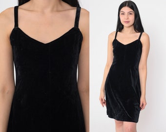 Velvet Mini Dress 90s Black Party Dress Sleeveless A Line Plain Solid Stretch Cocktail Retro Gothic Witch Minidress Vintage 1990s Medium M