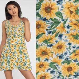 Floral Summer Dress 90s Sunflower Print Smocked Mini Dress Boho Babydoll Sundress Hippie Sun Dress Sleeveless Vintage 1990s Small Medium image 1