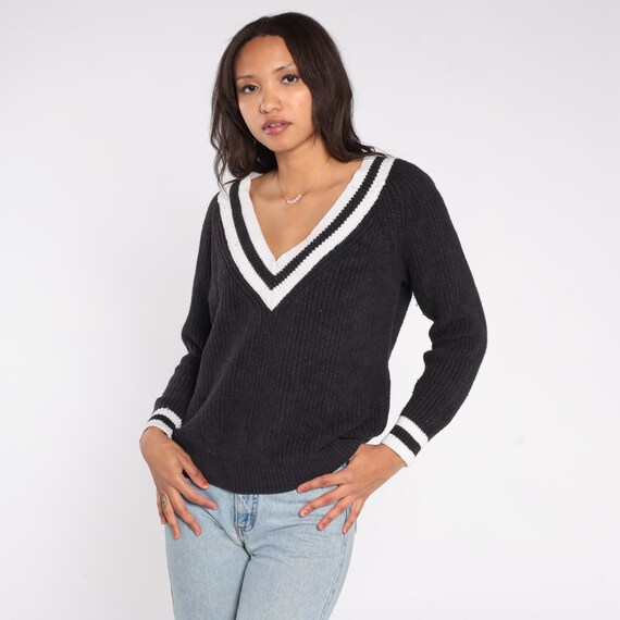 Y2K Black V Neck Sweater White Trim Deep Collar Rib Knit Pullover Preppy Dark Academia Goth Winter Essential Cozy Knitwear Large L