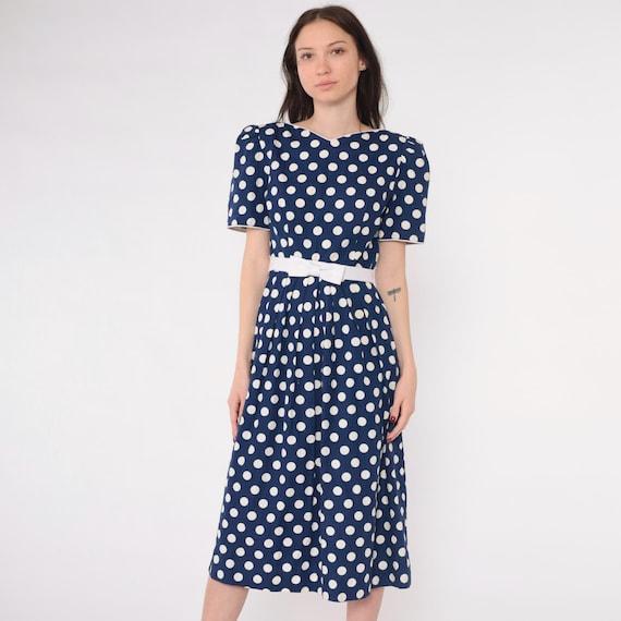 Vintage 80s Polka Dot Dress Lanz Originals Dark Blue Puff Sleeve Dress Midi Bow Waist Dress High Waisted 1980s Extra Small xs