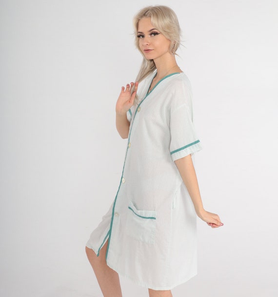 70s Pajama Dress Mini Sheer White Green Striped L… - image 4