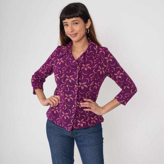 70s Purple Blouse Gold Metallic Floral Print Double Breasted Button Front Vintage Three Quarter Sleeve  Flower Power Psychedelic Small S