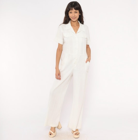 70s White Jumpsuit Button Front Cotton Linen Wide Leg Utility Collar Cream One Piece Coverall Pocket Vintage Workwear Summer Romper Medium M