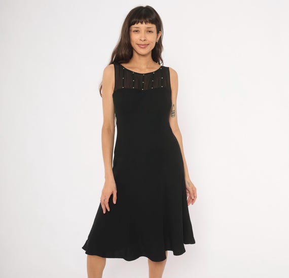 Black Rhinestone Dress Mesh Yoke 90s Cocktail Flared Hem Scoop Neck Evan Picone Fit Flare Evening Party Going Out Formal Vintage Medium M
