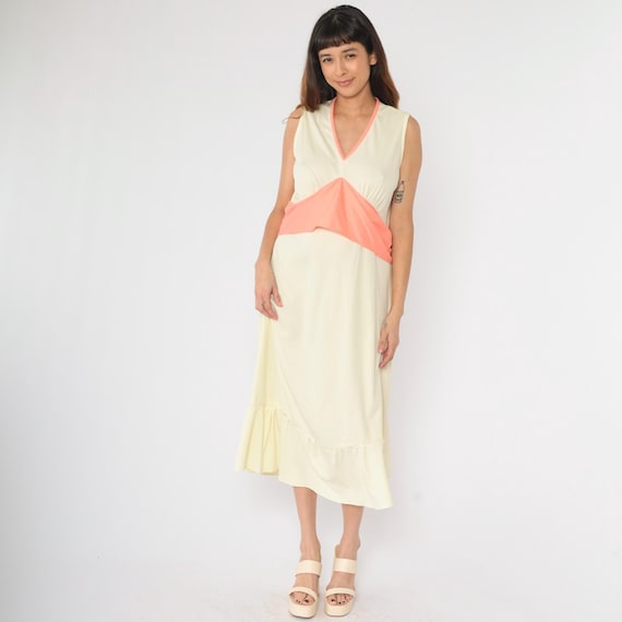 Vintage 70s Party Dress Cream Grecian Gown Long V Neck Midi Flounce Dress Empire Waist Sleeveless Retro Cocktail Evening Chic 1970s Large L