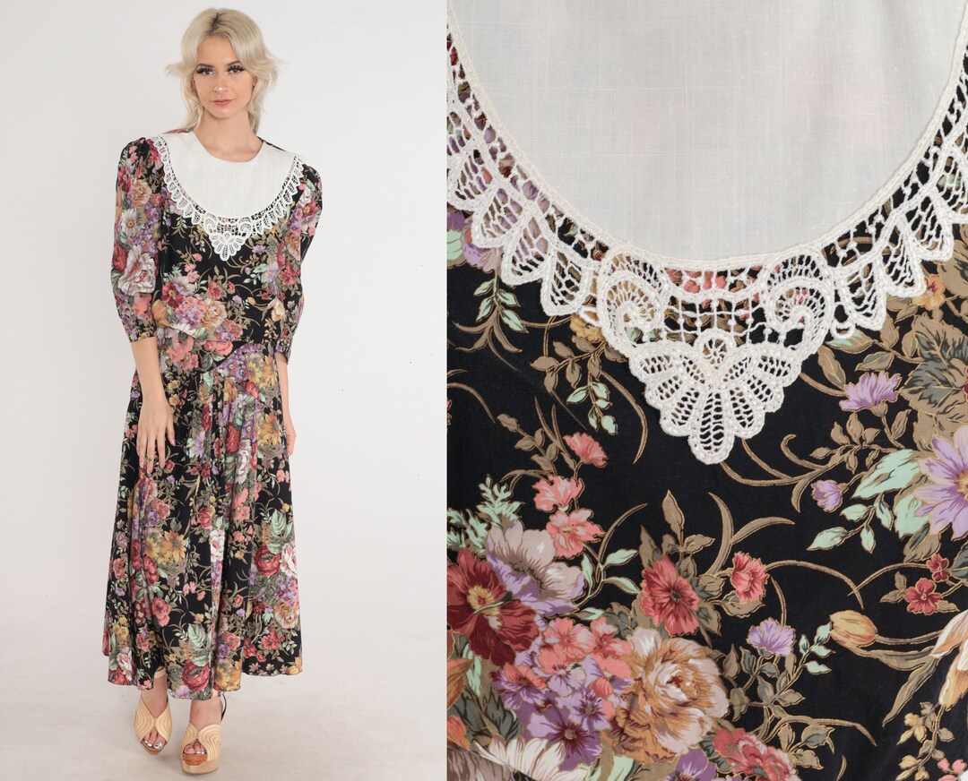 Floral Granny Dress 80s 90s Black Maxi Lace Bib Dress Puff Sleeve Retro