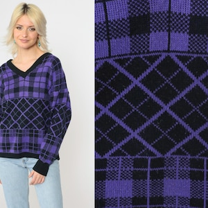 90s Checkered Sweater Purple Plaid Sweater Print V Neck Black Acrylic Knit 1990s Grunge Vintage Pullover 20W Plus Size 40