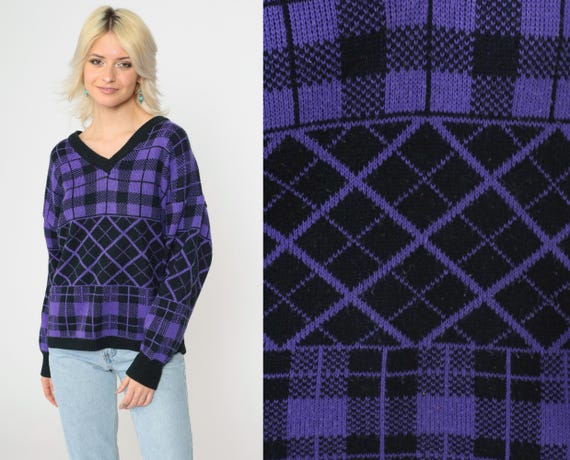 90s Checkered Sweater Purple Plaid Sweater Print V Neck Black Acrylic Knit 1990s Grunge Vintage Pullover 20W Plus Size 40
