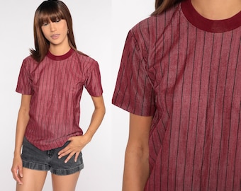 Striped Ringer TShirt -- 70s T Shirt Burgundy Retro Tee Vintage Ringer Tee Minimalist 80s Vintage Small