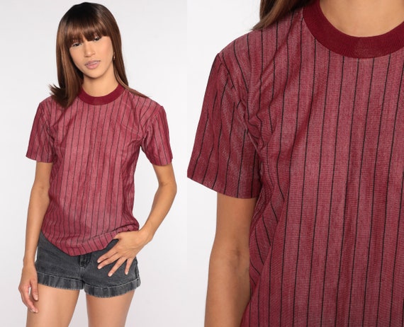 Striped Ringer TShirt -- 70s T Shirt Burgundy Ret… - image 1