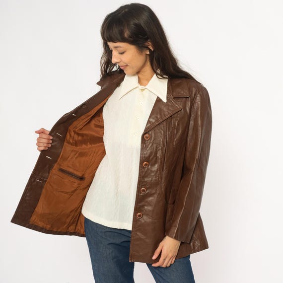 70s Brown Leather Jacket Button Front Collared Br… - image 5