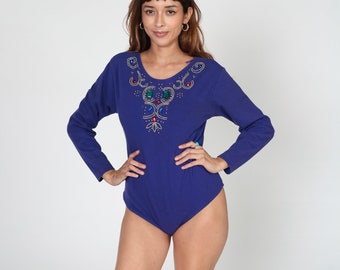 Jewel Beaded Bodysuit 90s Purple Leotard Top Sparkly Long Sleeve Shirt Going Out Blouse Glam Dance Rhinestone Studded Vintage 1990s Medium