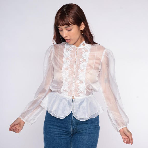 70s Victorian Blouse White Lace Sheer Peter Pan Collar Puff Sleeve Cream Long Sleeve Prairie Renaissance Medieval Romantic Vintage Medium M