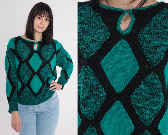 Diamond Sweater 80s Black Green Knit Pullover Sweater Keyhole Cutout Jumper Geometric Print Mohair Wool Blend Space Dye Vintage 1980s Large