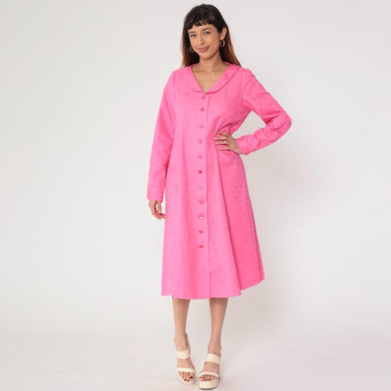 Vintage Fuchsia Pink Button Up Dress 90s Jacquard Polka Dot Midi ShirtDress Long Sleeve A-Line Swing Jacket Dress Retro Simple 1990s Medium