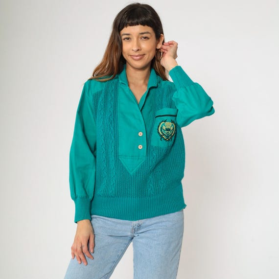 Teal Cable Knit Sweater Shirt 80s 90s Polo Button Up Blouse Retro Crest Pocket Pullover Ramie Cotton Solid Cableknit Vintage 1990s Medium