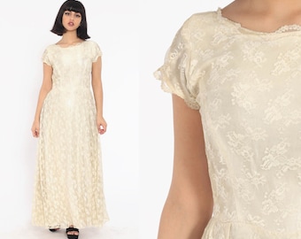 Robe longue en dentelle des années 60, robe de mariée en dentelle crème des années 70, Boho Maxi Party, hippie vintage à mancherons festonnés dans le dos en V, taille haute petite