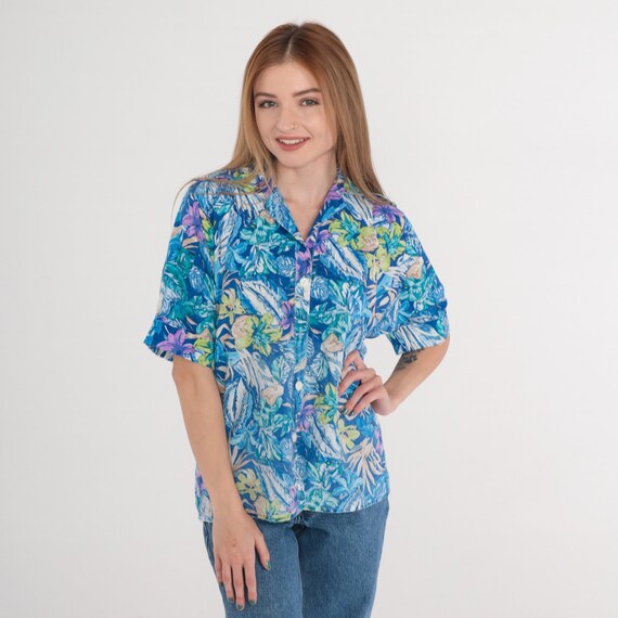 Blue Floral Blouse 90s Button up Shirt Short Cuffed Sleeve Green Purple Flower Leaf Print Collared Top Summer Casual Vintage 1990s Medium M