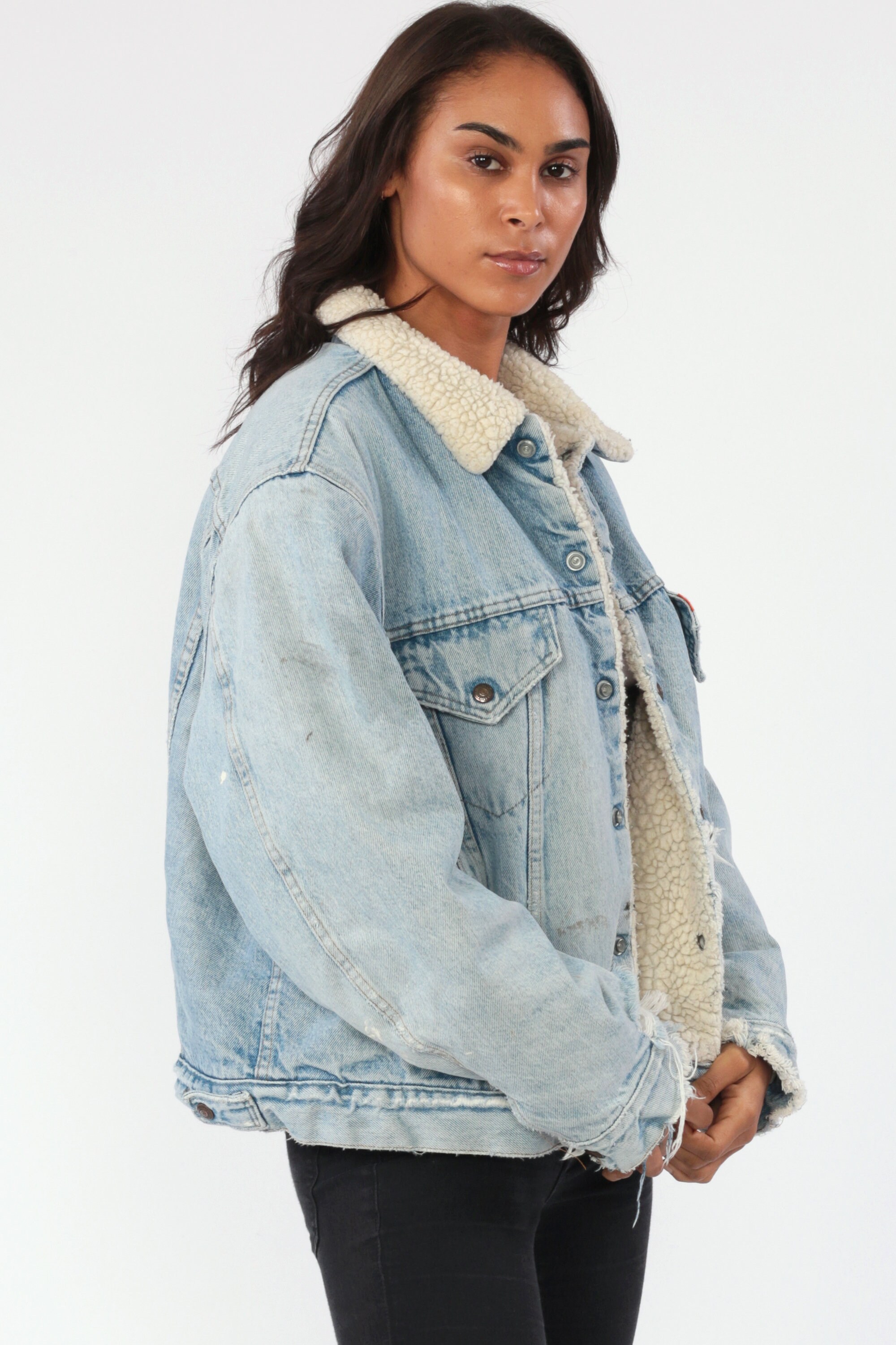 Levis Sherpa Jacket 48 -- Denim Shearling Jacket 90s Denim Jacket DISTRESSED Jean Levi Fleece