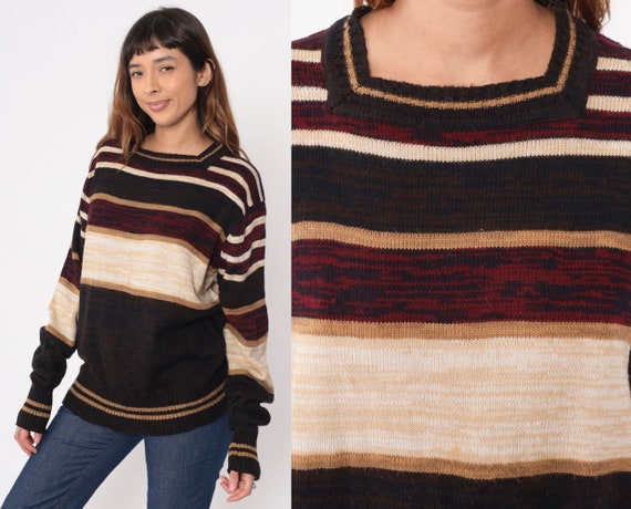 Striped Space Dye Sweater 70s Brown Burgundy Swea… - image 1