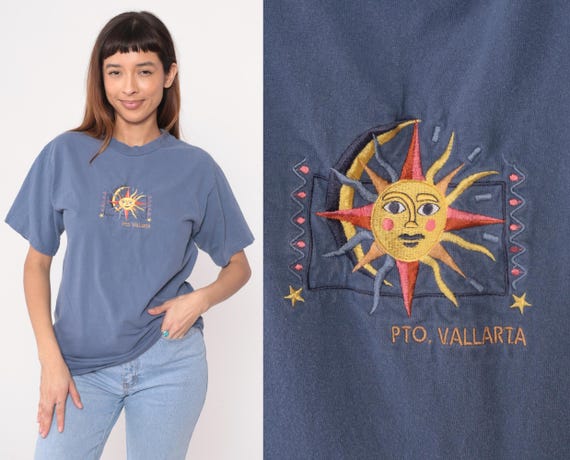 Puerto Vallarta Tee 90s Sun Graphic T Shirt Blue Faded Vintage Mexico Travel Vacation Souvenir Crew Neck Summer Beach Resort Tourist Medium