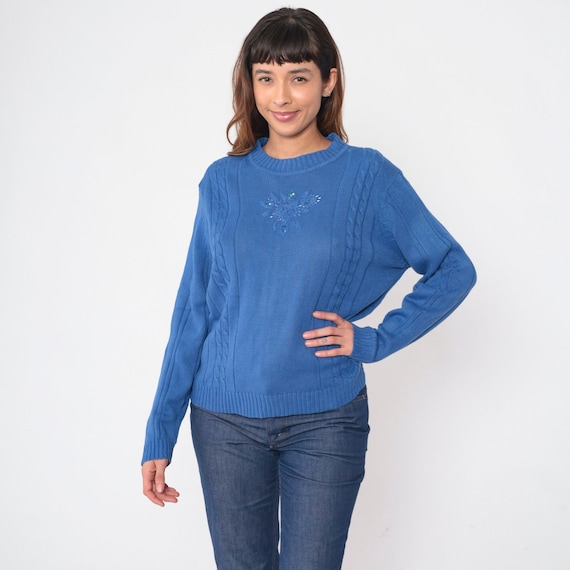 Beaded Floral Sweater 80s Cable Knit Sweater Sparkly Sequin Beading Flower Embroidered Pullover Boho Hippie Acrylic Vintage 1980s Large L